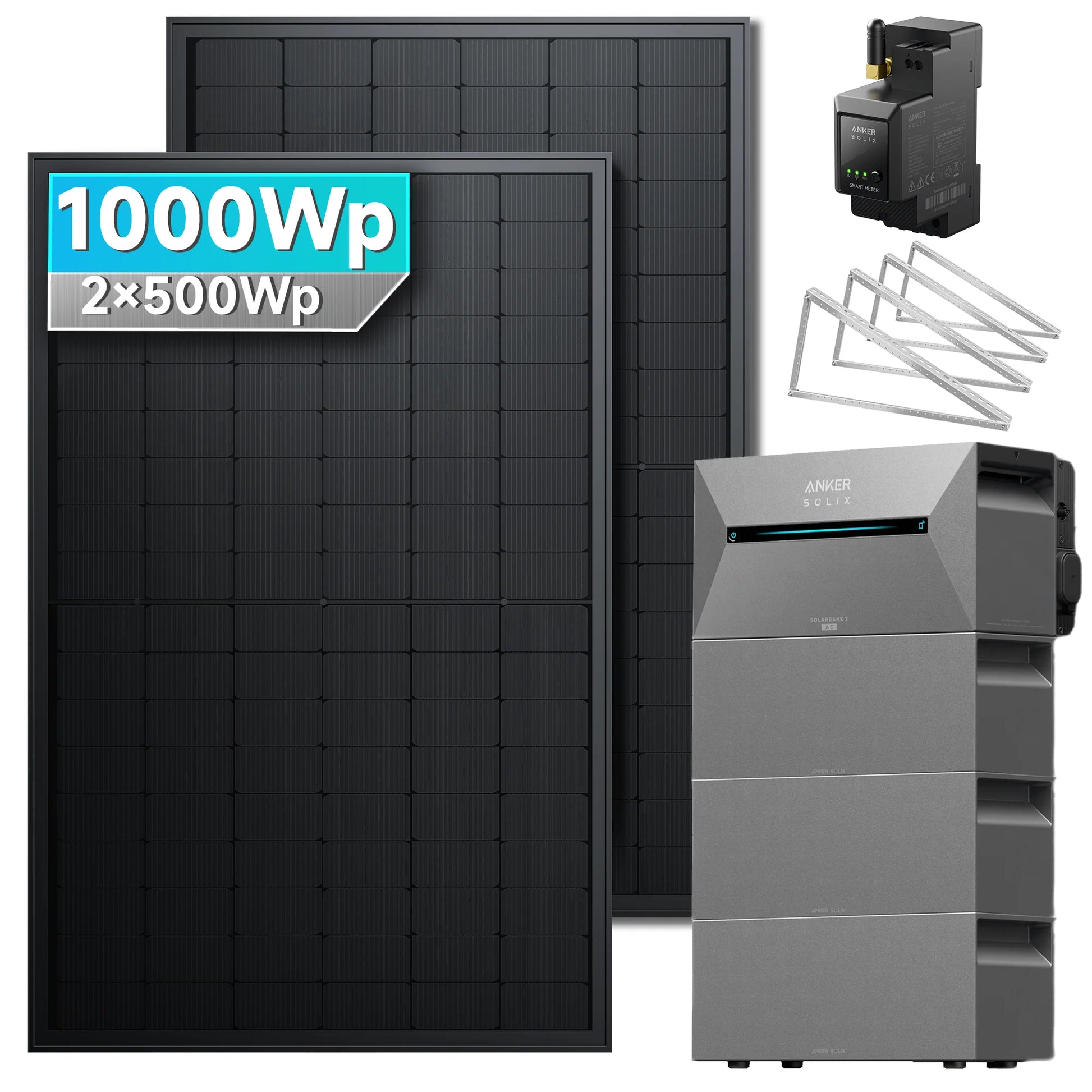 ANKER SOLIX Système de stockage d'énergie solaire Anker SOLIX Solarbank 2 E1600 Pro pour balcon, avec module solaire de 500 Wc 1000Wc – 2 Modules 3x BP2700 Toit plat Jardin Mur