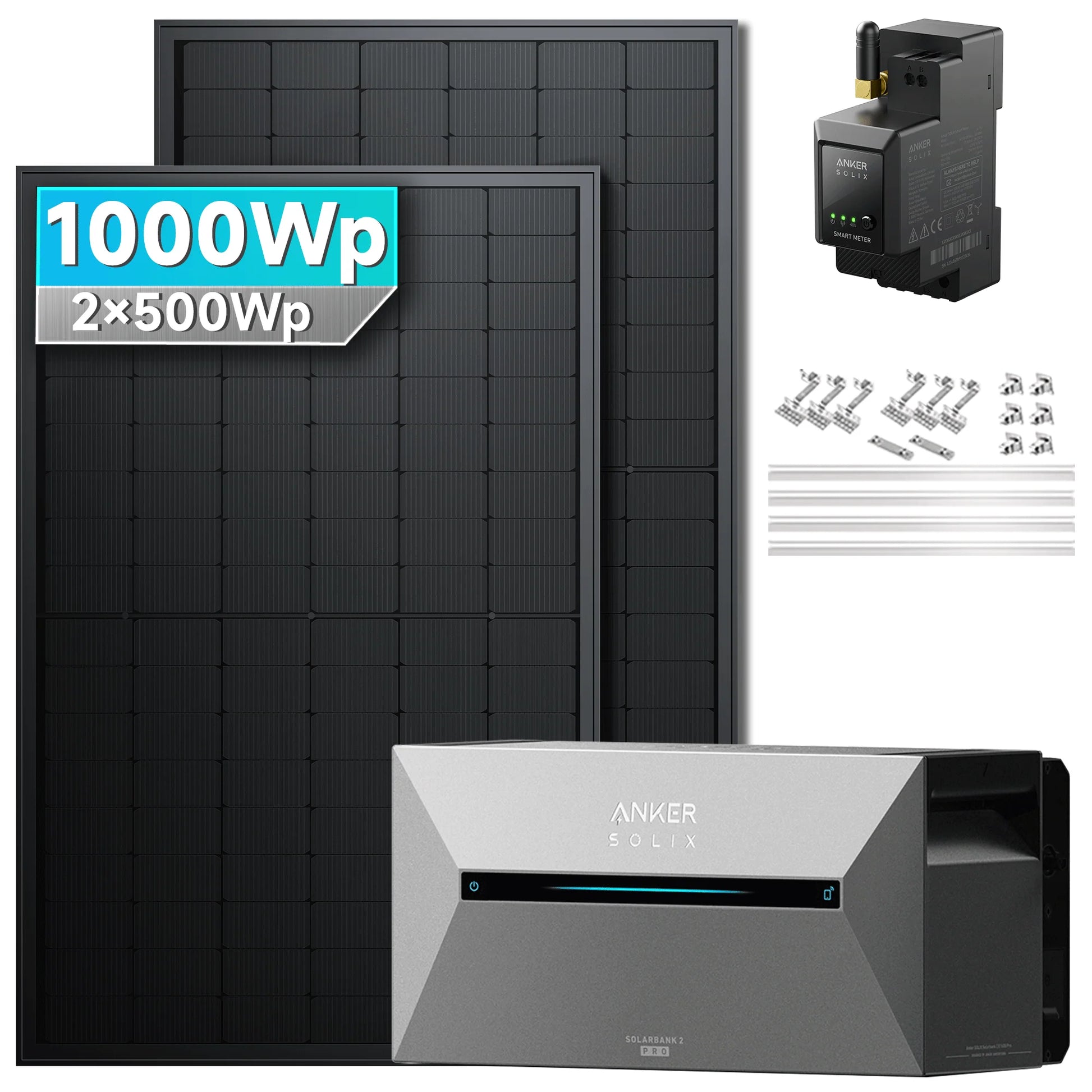 ANKER SOLIX Système de stockage d'énergie solaire Anker SOLIX Solarbank 2 E1600 Pro pour balcon, avec module solaire de 500 Wc 1000Wc – 2 Modules Sans batterie d'extension Ziegeldach
