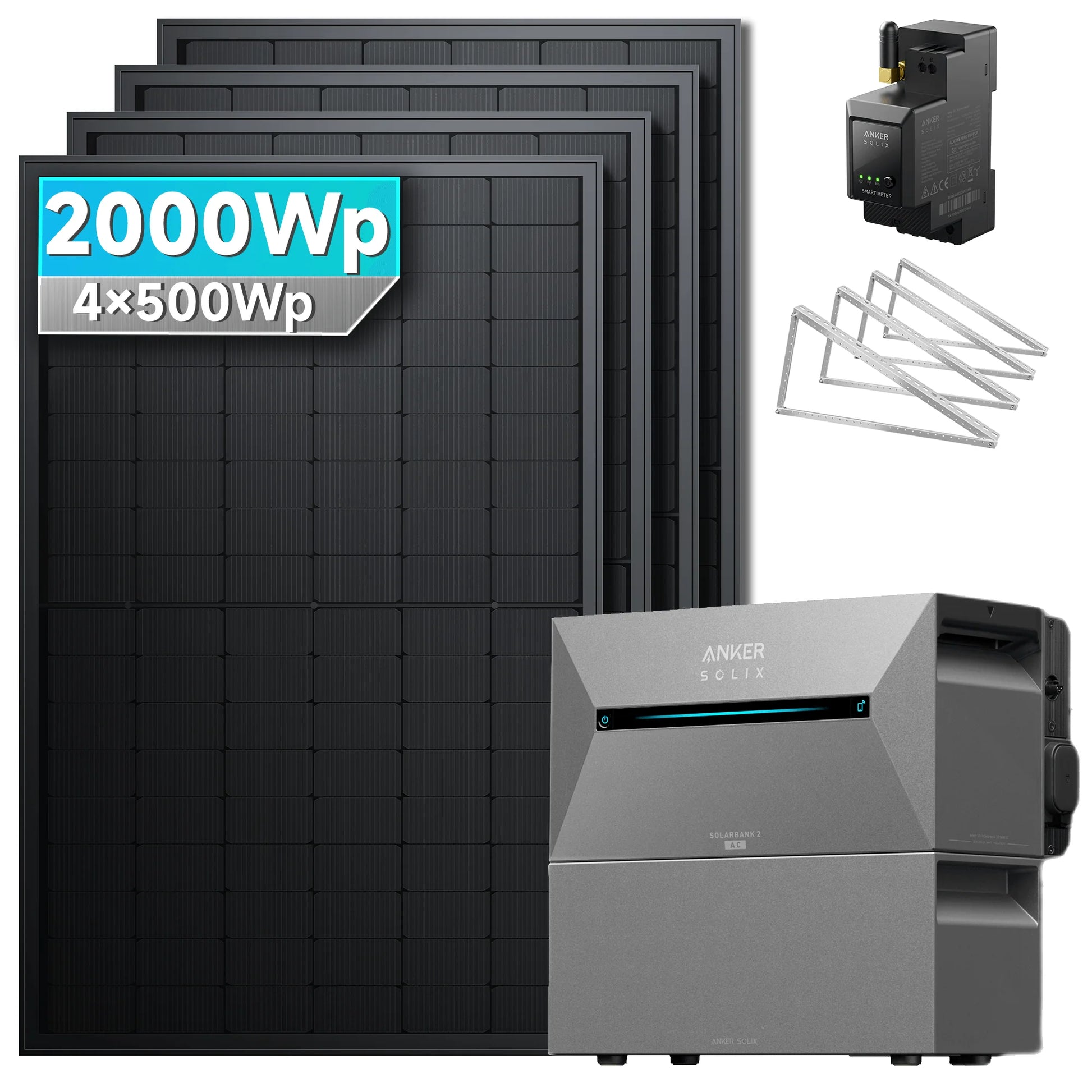 ANKER SOLIX Système de stockage d'énergie solaire Anker SOLIX Solarbank 2 E1600 Pro pour balcon, avec module solaire de 500 Wc 2000Wc – 4 Modules 🔥 1x BP2700 Toit plat Jardin Mur