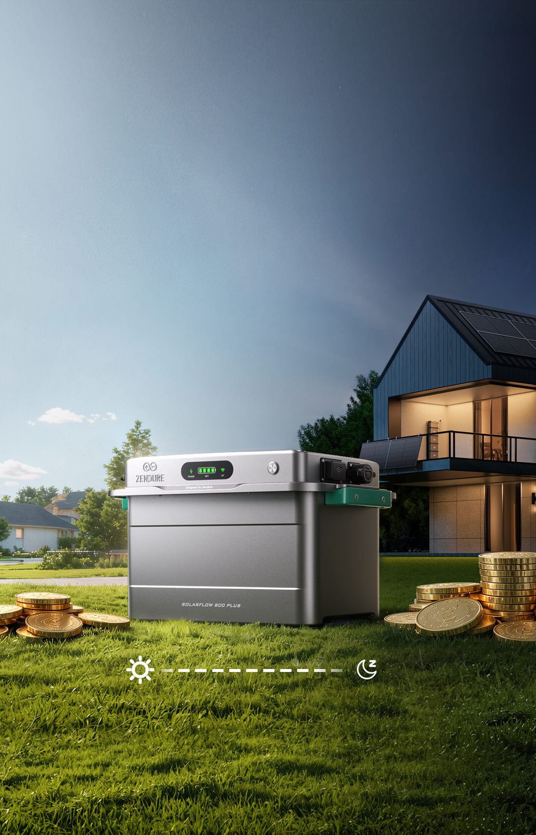 Zendure SolarFlow 800 Plus devant une maison, du jour à la nuit