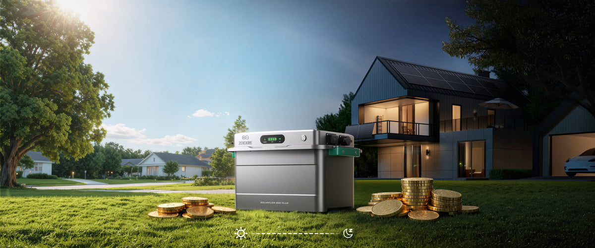 Zendure SolarFlow 800 Plus devant une maison, du jour à la nuit