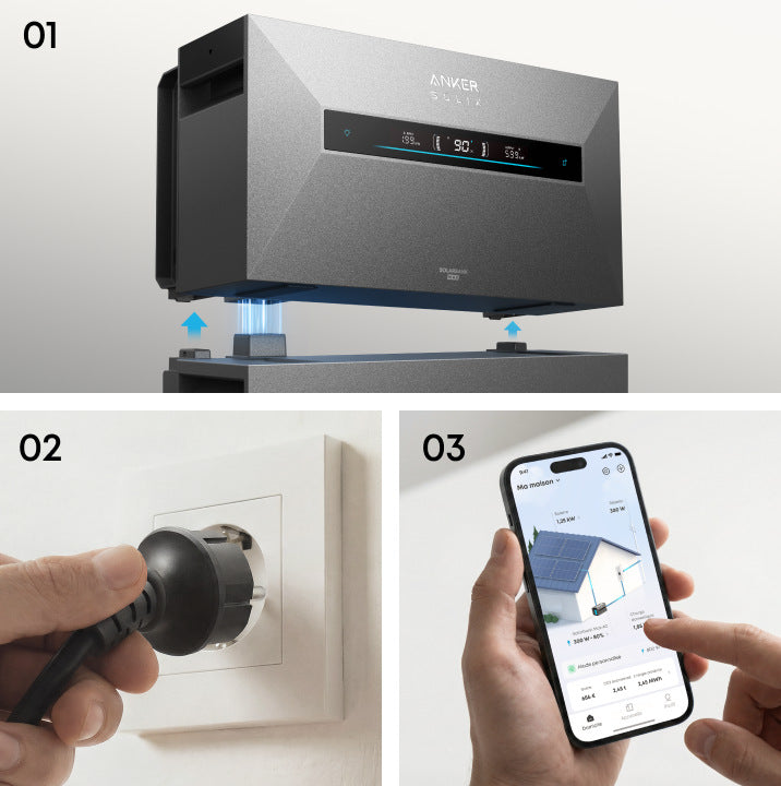 Installation en 5 minutes : empiler, brancher sur prise Schuko, configurer dans l'application