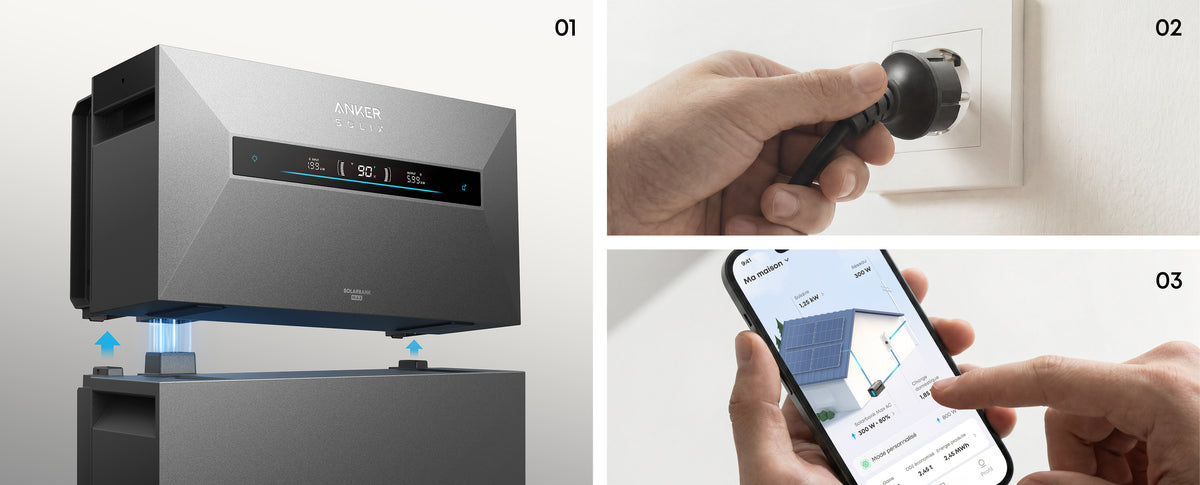 Installation en 5 minutes : empiler, brancher sur prise Schuko, configurer dans l'application